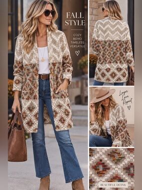 Dreamers Southwestern Aztec Open Front Long Cardigan Sweater M/L Boho